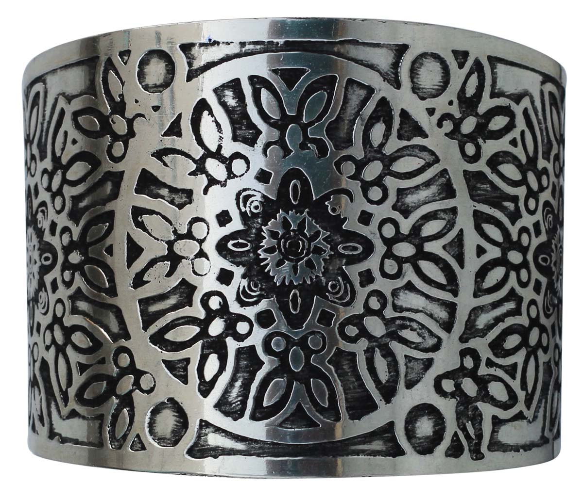 Wholesale Bracelets from India – Antique-Look Cuff Bracelet – Cast in Brass – Nickel Plated & Black Shading – Floral & Abstract Pattern – Bracelets in Bulk